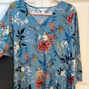 Cj Banks v neck 3/4 sleeve Teal Floral 1X